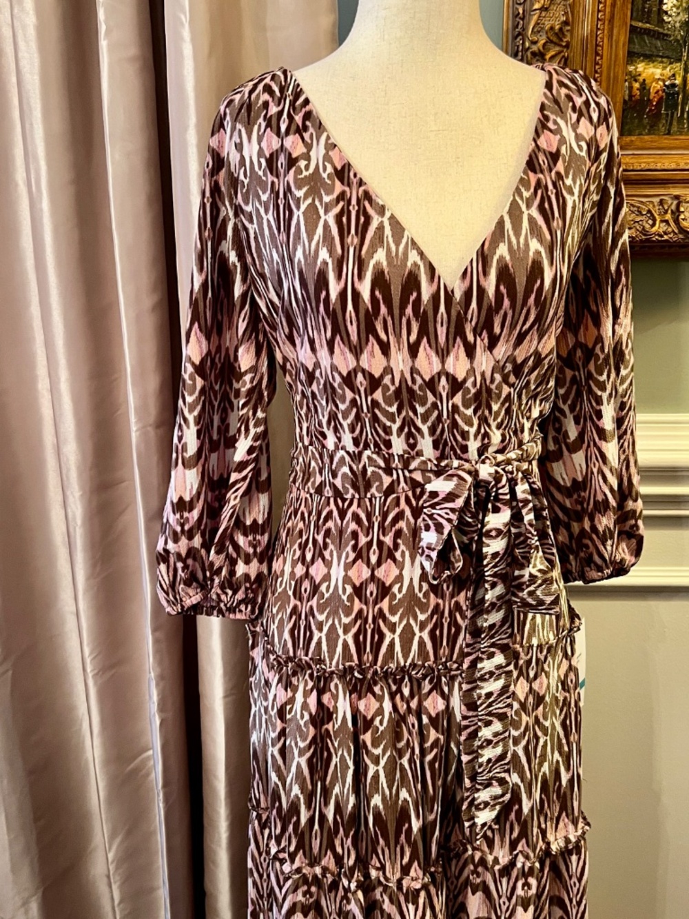 $228 NWT Maison Tara Brown Pink Midi Length Tiered V-Neck Dress Size 16 - Picture 3 of 4